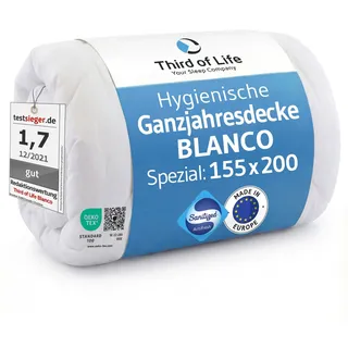 Bettdecke 155x200 cm BLANCO, Große Ganzjahresdecke mit Hygieneschutz | Atmungsaktive Schlaf-Decke mit Feuchtigkeitsmanagement, Allergiker geeignet, 155 x 200 Decke ohne Bezug nutzbar, made in EU