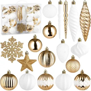 BRUBAKER 50 Stück Premium Christbaumschmuck - Weihnachtskugel Set mit Glitzer Kugeln, Schneeflocken, Eiszapfen und Tannenzapfen - Baumkugel Baumschmuck für Weihnachtsbaum - Gold und Weiß