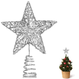 GXFCING Christbaumspitze Baumspitze Kleine Stern Glitzer 3D Metallic Weihnachtsbaumspitze Tannenbaum Spitze Stern für Weihnachtsbaum Christbaumschmuck 15 x 12cm (Silber, S)