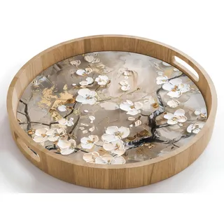 OnlyWow© Serviertablett Servierplatte Eichenholz Servier Tablett Mit Henkel | 40x40 cm - Rund - Serving Tray Kratzfest Kaffeetablett Teetablett Blumen - Weiß - Gold - Beige - Luxus