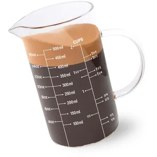 Newness Messbecher Glas mit Griff, 500 ML Messbecher mit Drei Waagen (OZ, Tasse, ML/cc) und V-Förmigem Auslauf, Messbecher für Küche oder Restaurant, Leicht zu Lesen