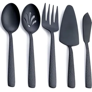 Matt-schwarzes großes Servierbesteck-Set, FULLYWARE Edelstahl großes Hostess-Servierset, inklusive Servierlöffel, geschlitztem Servierlöffel, Serviergabel, Kuchenschaufel und Buttermesser, 5-teilig
