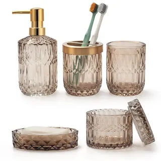 IVAILEX 5 Stück Braun Glas Badezimmer Zubehör Sets von Lotionspender, Seifenschale, Zahnbürstenhalter, Becher, Wattestäbchen, Moderne Badedekoration, Vintage Geschenk