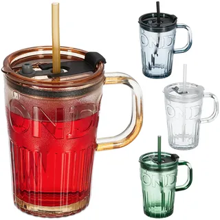 Relaxdays Trinkgläser 4er Set, Getränkebecher mit Deckel & Strohhalm, Smoothiebecher 450 ml, Glasbecher Henkel, bunt