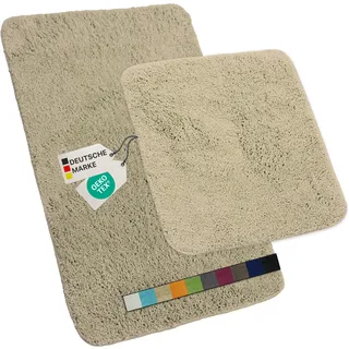 NYVI Badematten Set 2 teilig NYVISpa Lasalle 45x50 + 50x80 cm Beige Badematte & WC-Vorleger - Badezimmerteppich Set - rutschfest, Saugfähig, Schnell Trocknend, Fußbodenheizung geeignet, Oeko-TEX