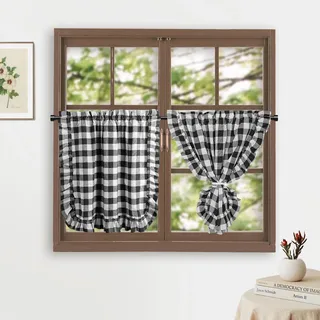 HiSnug 2er Set Scheibengardine Bistrogardine Landhaus Modern Kurzstores Küchengardine Kaffee Kurzvorhang Schwarz/Weiß Breit Kariert Kleinfenster mit Spitze Kurz H60 x B65 cm