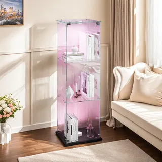 UnboxG Glasvitrine mit LED Beleuchtung, 3 Ebenen Vitrine mit Glastür, Schwarze Sammlervitrine Standvitrine für Wohnzimmer, Figurenvitrine Display Schrank 39,8 × 35 × 123,3 cm - Schwarz