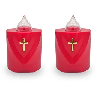 2 LED Grabkerzen Flackereffekt lange Brenndauer Trauerlicht rot Heiliges Kreuz