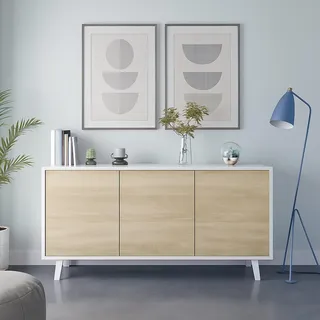 Dmora - Anrichte Arvada, Modernes Sideboard mit 3 Türen und Einlegeböden, Küchenbuffet, Wohnzimmer-Design-Buffet, cm 154x40h75, Glänzend weiß und Weiß