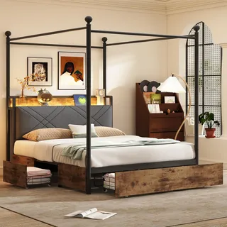 Flieks Jugendbett Metallbett 140x190cm mit 3 Schubladen, Kinderbett Doppelbett mit Led und Ladefunktion, Himmelbett Stauraumbett, Schwarz - Schwarz