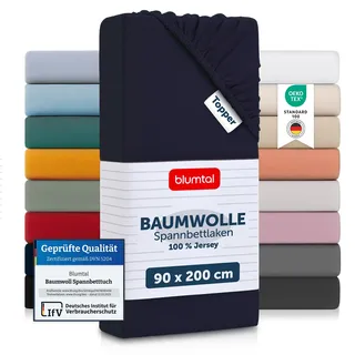 Blumtal® Baumwolle Spannbettlaken für Topper 90x200 cm Basics Jersey - Bettlaken 90x200 cm - Oeko-TEX zertifiziertes Spannbetttuch 90x200 cm - Topper Bettlaken 90x200 - Dark Ocean Blue - Blau