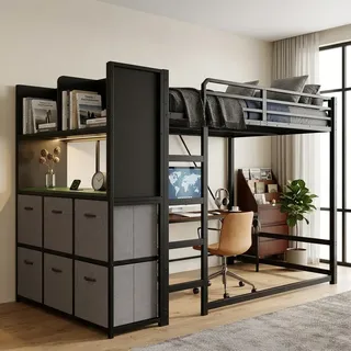 Flieks Etagenbett 120 x 200 cm mit Leiter, Einzelbett mit Stoffschubladen und Beleuchtung, Hochbett mit Ladestation und Stauraum, Schwarz, Metall - Schwarz