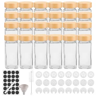 Withosent 24er Set Gewürzgläser Eckig mit Schraubkappe, 120ml Gewürzdosen mit Holzdeckel, Gewürzstreuer Glas Gewürzbehälter, Gewürze Aufbewahrung mit Streueinsatz, Etiketten, Trichter, Bürste