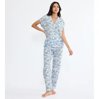 Schlafanzug TRIUMPH "Boyfriend Fit PW X", Damen, Gr. 44, blau, light combination, Single Jersey, Obermaterial: 100% Viskose, bequem, V-Ausschnitt, Homewear-Sets Schlafanzug, bequem und stilvoll, mit kurzen Ärmeln, legere Passform