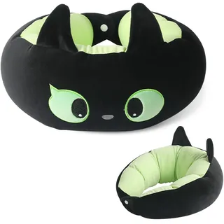 BEKKLPOU Schwarzes Katzen Nackenkissen, Travel Neck Pillow, Weiche Tier Reisekissen, Niedliches Tier u Förmiges Reisekissen Für Zuhause Und Büro Schlafkissen (Grün)