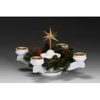 Adventsleuchter ALBIN PREISSLER "mit Weihnachtsstern, Handwerkskunst aus dem Erzgebirge", gold (weiß, goldfarben), B:22cm H:19cm T:22cm, Massivholz, Kerzenhalter, Adventsleuchter, Ø 22 cm, Weihnachtsdeko aus Holz