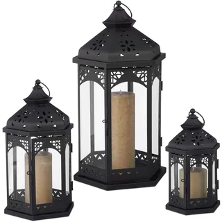 Relaxdays Laterne Metall schwarz 23,5 x 20 x 43 cm 3er Set