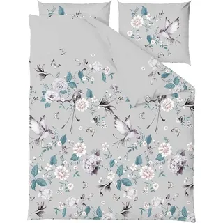 Bettwäsche, 100% Baumwolle, hohe Qualität 140x200 Safo Grau, Blumen, Vögel - Grau