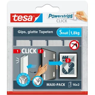 Tesa Powerstrips CLICK Small - 16 x 2 Stück | Klett-Klebepads zum An- und Abklicken von Bilderrahmen und Wanddekorationen ohne Bohren - mit ON und OFF Click-System