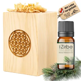sagl.tirol® Zirbenholz Set mit Zirbenspäne und 10 ml Zirbenöl - Zirbelkiefer Öl – Zirbenduft und Deko aus Zirbelkiefer – Nachhaltige Zirbenholz Produkte, Zirbenwürfel, Raumduft Zirbe-Blume des Lebens