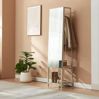 Garderobenspiegel 2-in-1 'Klilbojle' Ganzkörperspiegel mit Kleiderstange und 2 Ablagen Metall 160 x 40 x 35 cm Sandfarben - Beige