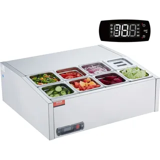 Vevor Gekühlte Gewürzstation, 145 W, gekühlte Gewürzstation für die Arbeitsplatte, mit Pfannen, Korpus aus Edelstahl 304 und Deckel aus PC, Sandwich-Zubereitungstisch mit Schutz aus Edelstahl, CE