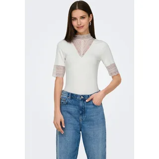 Spitzenshirt ONLY "ONLTILDE HIGHNECK S/S TOP JRS NOOS", Damen, Gr. S, cloud dancer, Jersey, Obermaterial: 95% Viskose, 5% Elasthan, unifarben, slim fit normal, hoch geschlossener Ausschnitt, Shirts Spitzenshirt, Topseller