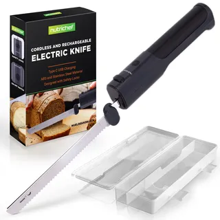 NutriChef Elektrisches Küchenmesser – Akku-Messer mit Edelstahlklingen, USB-C, Schwarz Für Truthahn, Fleisch, Brot & Käse | 11,42′′ Edelstahlklingen | Sicher & leicht