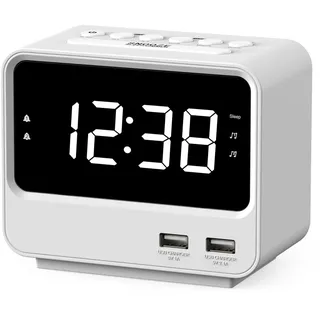 iTOMA Radiowecker für Schlafzimmer mit Zwei USB-Ladeanschlüssen, großen Zahlen mit Einstellbarer Helligkeit, digitalem UKW-Radio für den Nachttisch mit Schlaf-Timer, Weiße LED-Digitaluhr A23(weiß)