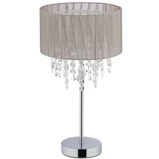 Relaxdays Tischlampe Kristall, Lampenschirm aus Organza, runder Standfuß, Nachttischlampe, HxD: 43 x 24 cm, grau/silber