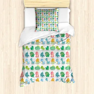 ABAKUHAUS Jurassic Bettbezug Set, Buntes Dinosaurier Muster Tier Fantasie Urzeit Glück Druck, 135 x 200 cm + 80 x 80 cm, Grün Türkis Marigold