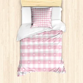 ABAKUHAUS Kariert Mantele, Romantische Kinder, Milbensicher Allergiker geeignet mit Kissenbezügen, 135 cm x 200 cm - 80 x 80 cm, Baby-Rosa-Weiß