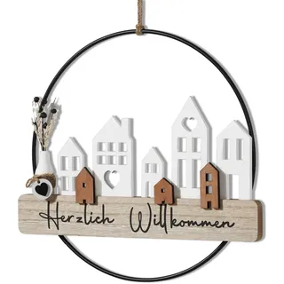 Optyuwah Willkommen Türkranz Trockenblumenkranz - Türkranz Herzlich Trockenblumen Fensterdeko Hängedeko personalisiert Dekokranz mit Willkommensschild Trockenblumen und Haus ø28cm Wandschmuck