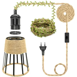 ZRLXFM E27 Pendellampe Set mit Schalter und Stecker, 5m Hanfseil Kabel mit grüner Blattdeko, schwarze trompetenförmige Metallleuchte, DIY Hängelampe für modernen Landhausstil