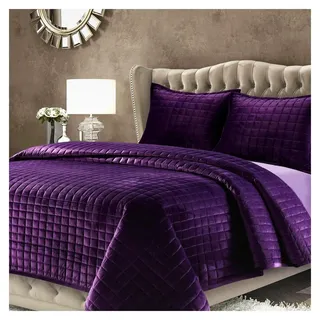 Samt Bettwäsche-Set, Dreiteiliges Boxstich-Bettwäsche-Set, inklusive übergroßer Steppdecke und zwei Kissenbezügen, 260 g/m2, weicher Samt, Lila - Lila