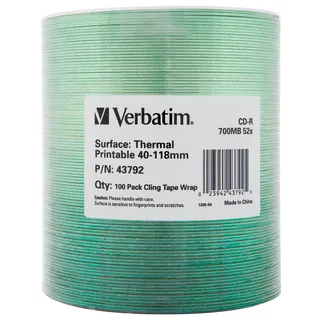 Verbatim CD-R 700MB Therma Printable 100PK WRAP, 43792