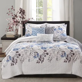 Madison Park Quilt Modern Classic Design All Season, Breathable Coverlet Bedspread Lightweight Bedding Set, Matching Shams, Decorative Pillow, King/Cal King(104"x94"), Floral Blue, 6 Piece