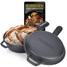 Tortillada - Gusseisen Topf zum Brot Backen | Dutch Oven (3.5 Liter) | 2 in 1 Combo Kocher | Beschichteter Gusstopf- bräter/Gusseisen Pfanne (26 cm) + Griffüberzug + E-Book mit 50 Rezepten