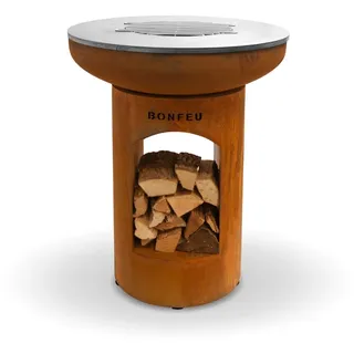 BonFeu BonBiza Rost Öffnen Ø 80 cm - Gartenkamin mit Backplate - Feuertonne & Feuerstelle - Feuerschale Feuerkorb aus stabilem Stahl - Mit Backplatte zum Kochen - Feuerkorb für den Garten