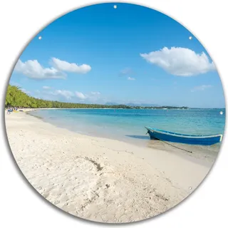 Wallario rundes Outdoor-Poster für Garten oder Balkon, Motiv Boot an einem tropischen Strand, 60 cm Durchmesser - Blau