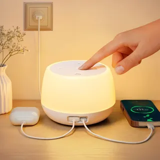 Nachttischlampe mit Ladefunktion, Nachttischlampe Touch Dimmbar mit USB A+C Anschlüssen 20W, LED Tischlampe mit Kabel und Timing, Nachtlampe Stilllicht Dimmbar für Schlafzimmer Wohnzimmer Deko