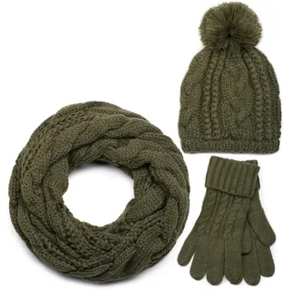 styleBREAKER "Strick Schal, Mütze & Handschuh Set mit Zopfmuster" 3 Stk., oliv, loop schlauchschal