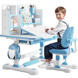 Kinder-Schreibtisch- und Stuhl-Set, höhenverstellbar, Kinderschreibtisch und Stuhl-Set mit Bücherregal und Aufbewahrungsschublade, 50 Grad neigbar, Desktop-Arbeitszimmertisch mit Stuhl für - Blau