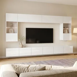 Moderne Wohnwand mit Beleuchtung in weiß Hochglanz CAIRNS-132, B/H/T ca. 300/200/43 cm - Weiß