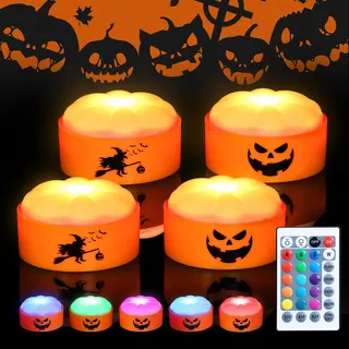 FREEPOWER 4er Halloween Kürbis Lichter Deko, Bunt & Warmweiß, LED Kerzen Flackern mit Fernbedienung und Timer, Batteriebetriebene Jack-O-Lantern-Lichter, Innen/Außen Wasserdicht, Ø6.5 x 3.5cm