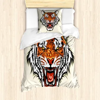 ABAKUHAUS Tiger Mantele, Bereit in Jungle zu Angriff, Milbensicher Allergiker geeignet mit Kissenbezügen, 135 cm x 200 cm - 80 x 80 cm, Orange Schwarz - Orange