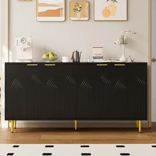 Flieks Sideboard Kommode mit 4 Türen, 160x40x80 cm, Holzkommode mit golden Metallbeine, Anrichte für Küche Wohnzimmer, schwarz - Schwarz