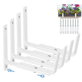 HFHOME Verstellbare Pflanzkastenhalterungen (15,2 bis 31,8 cm), universelle Fensterkastenhalterungen, robuste Metall-Blumenkasten-Wandbefestigungshaken für Balkon, Zäune, Terrasse und Garten, Weiß, 4