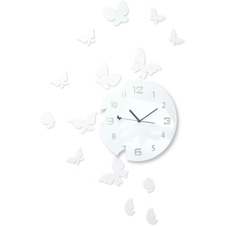 FLEXISTYLE Große Moderne Wanduhr Schmetterling rund 30cm, 15 Schmetterlinge, Wohnzimmer, Schlafzimmer, Kinderzimmer, Produkt in der EU hergestellt (Weiß)