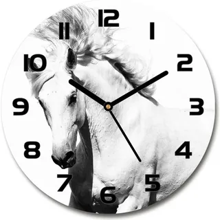 Wanduhr aus Glas 30fi Glasbild Glasuhr Gehärtetes Glas - schwarze-zeiger - White horse - Weiß